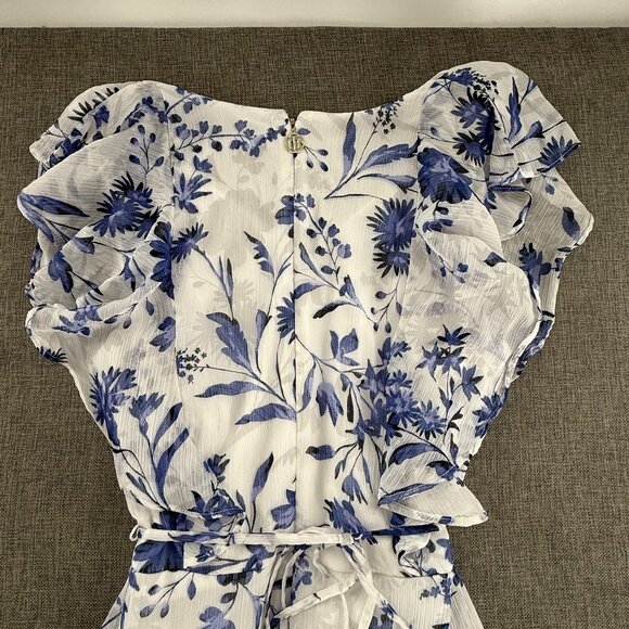 Tommy Hilfiger Ruffled Dress White & Blue V-Neck Tie Belt Lined Size 6 cap sleev - Picture 10 of 14